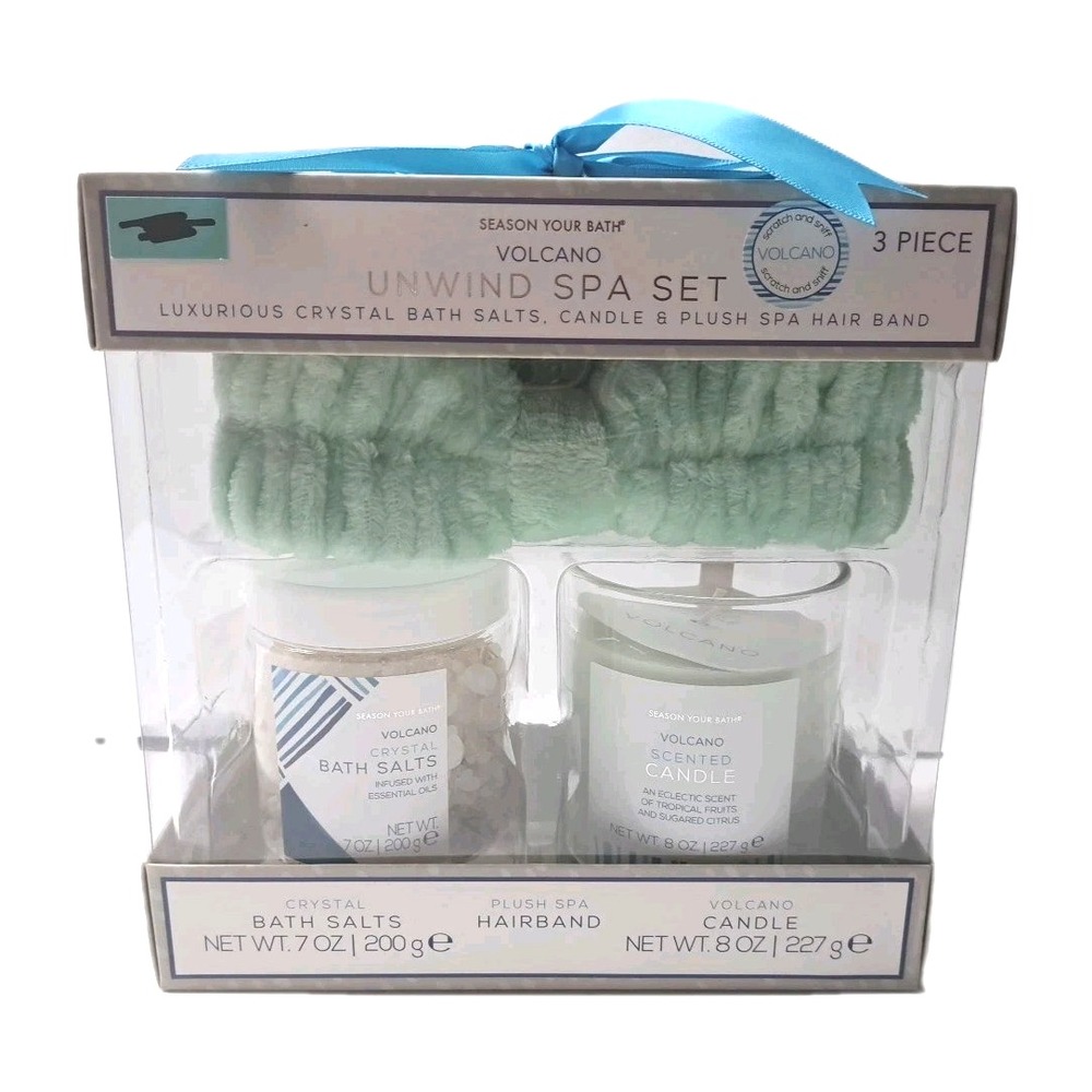 Season Your Bath 3pc. Volcano Unwind Spa Set Crystal Bath Salts Candle Headband